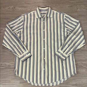 Banana Republic Men's Striped Shirt - Navy and Cream Size 16/16.5 (L)